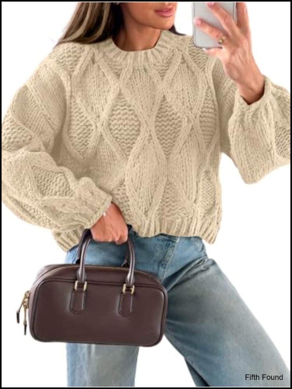 Cropped Cable Knit Sweater Oversized Loose Pullover Crew Neck Long Sleeve